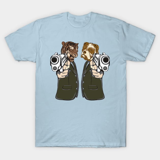 Pup Fiction Tiger and Dog with Guns Design T-Shirt by Jarecrow 